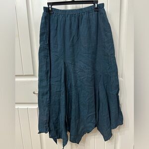 Russ Berens Dark Teal Blue Linen Maxi Skirt sz Large Handkerchief Hem lined